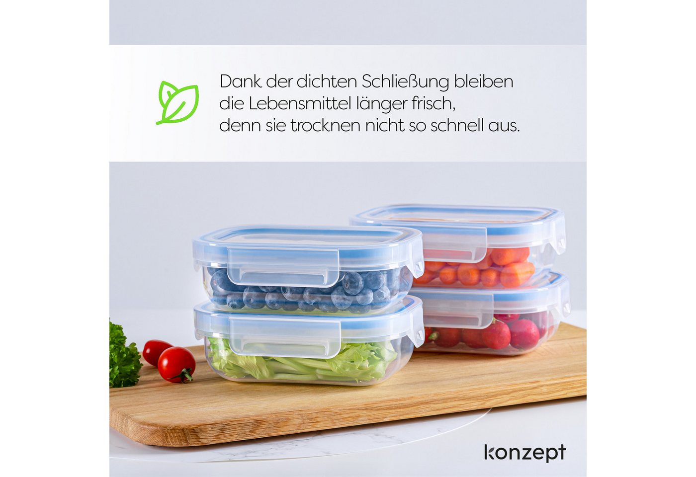 KONZEPT Frischhaltedose mit luftdichtem Deckel, 600 ml, transparent, (6-tlg), BPA-frei, Stapelbar, Für Kühlschrank, Zum Mitnehmen – Bild 2 von 5
