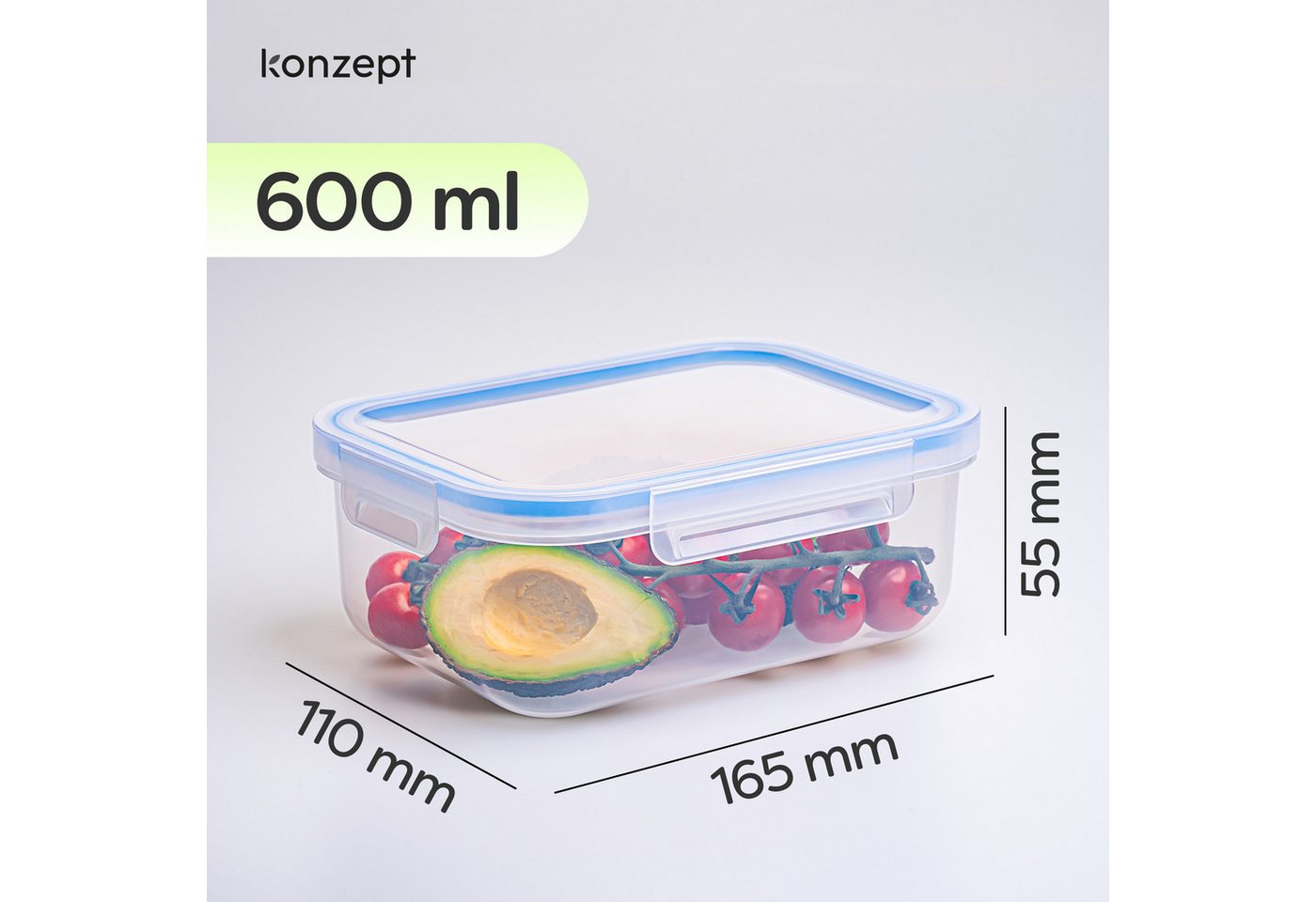 KONZEPT Frischhaltedose mit luftdichtem Deckel, 600 ml, transparent, (6-tlg), BPA-frei, Stapelbar, Für Kühlschrank, Zum Mitnehmen – Bild 3 von 5