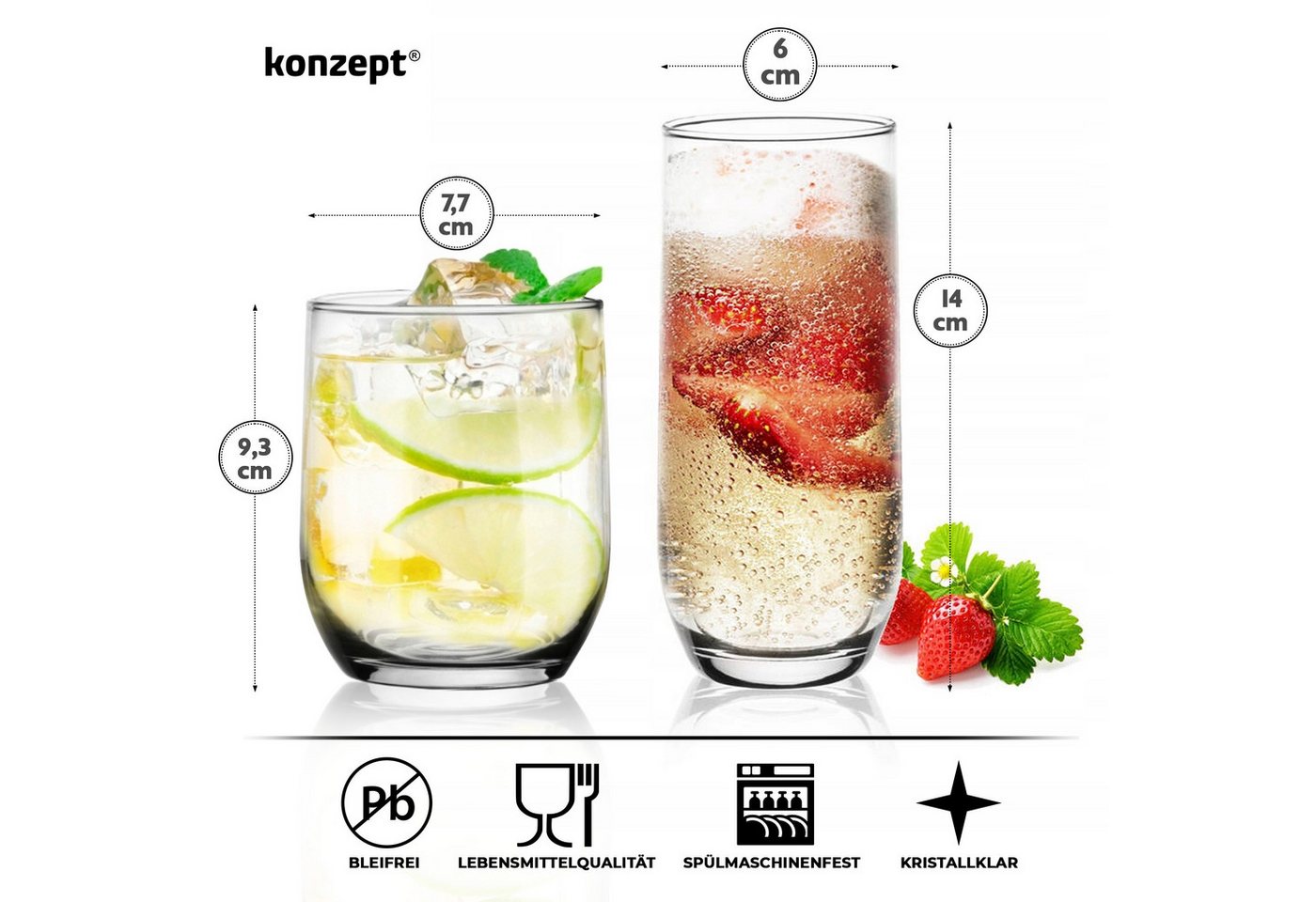 KONZEPT Gläser-Set 12 Teilig, 6er Longdrinkgläser 400ml und 6 er Trinkgläser 300ml, 12-tlg., Wassergläser Set, Ideal für Saft, Cocktails, Longdrinks, Eiskaffee – Bild 2 von 5