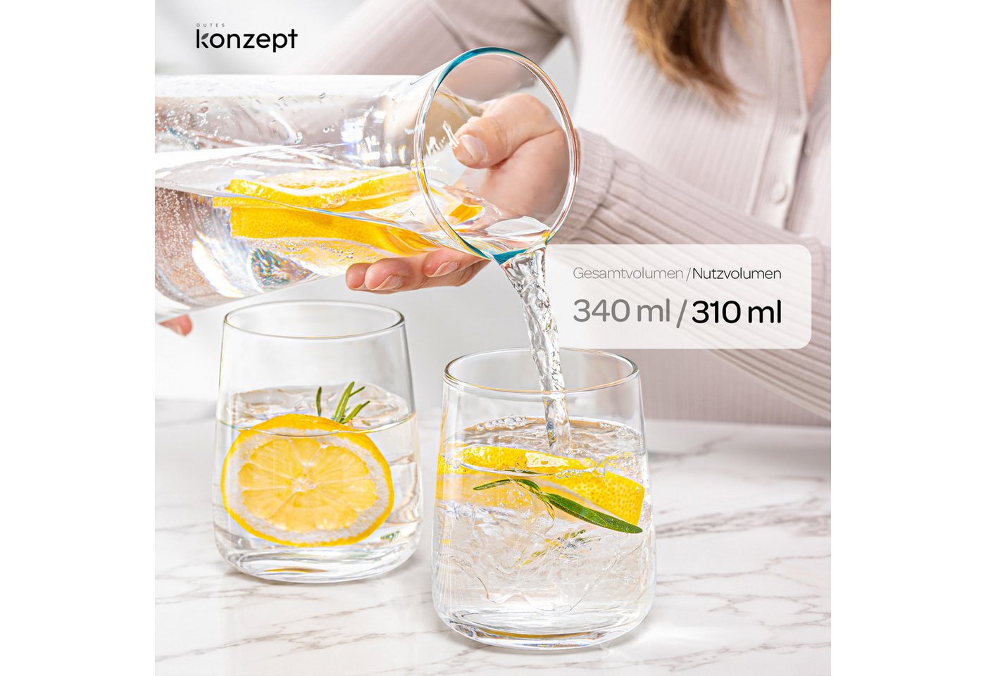 KONZEPT Gläser-Set 6-teilig, 310 ml, transparente Wassergläser aus robustem Glas, 6-tlg., Volumen: 340/310 ml, H: 9,6 cm, Ø oben: 6,9 cm, Ø unten: 8 cm – Bild 4 von 5