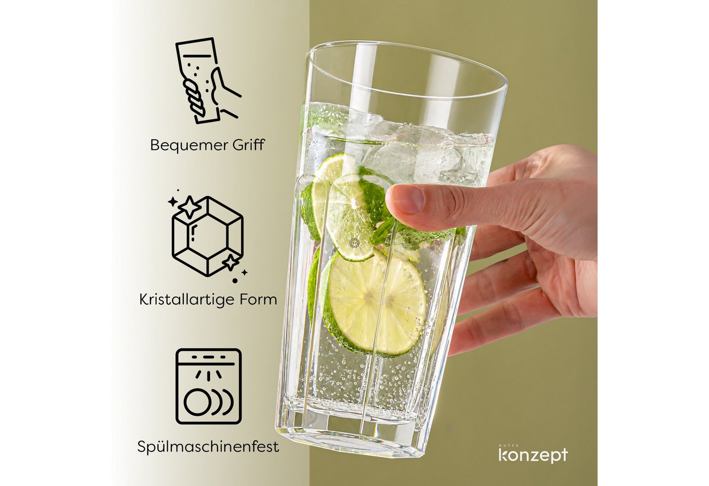 KONZEPT Gläser-Set 620 ml, spülmaschinenfest, aus transparentem Glas, 4-tlg., Kühlschranksicher, Rostbeständig, Rutschfest, Strapazierfähig – Bild 4 von 5