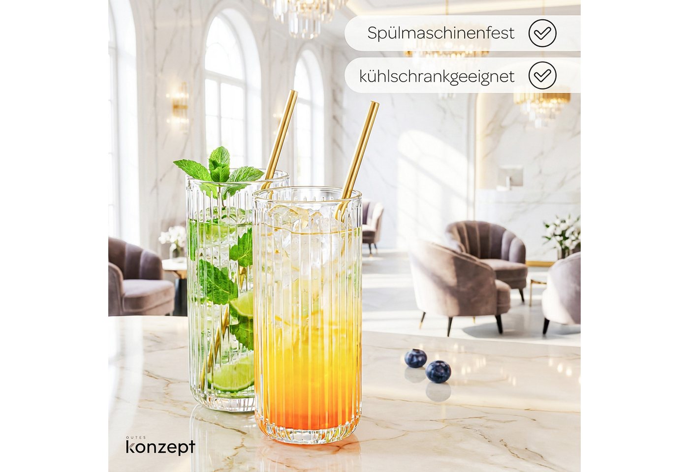 KONZEPT Gläser-Set 6er – 390 ml geriffelte Longdrinkgläser aus klarem Glas, 6-tlg., Einzigartige Form, Ideal für Cocktails, Gin Tonic, Eiskaffee – Bild 4 von 5