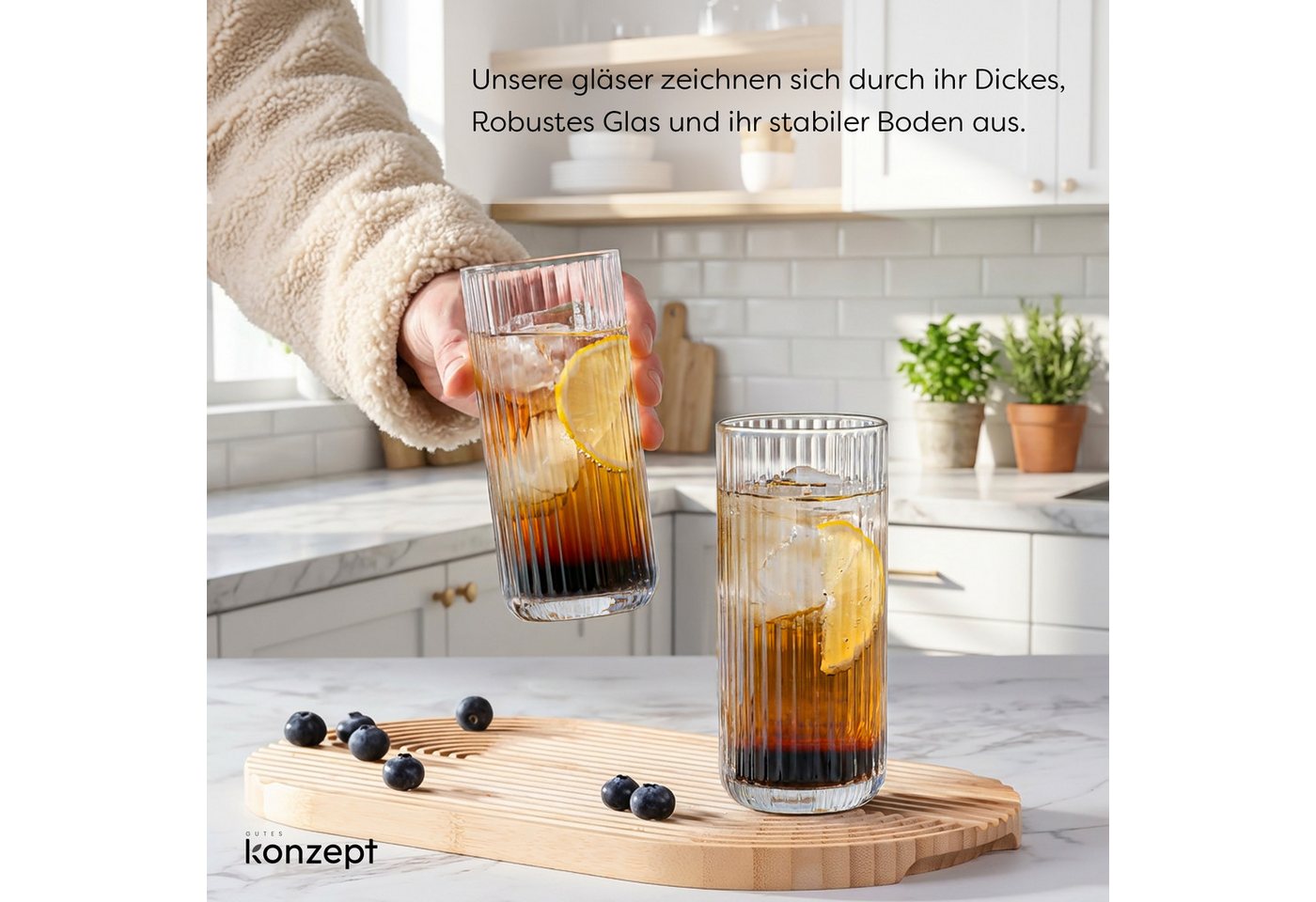 KONZEPT Gläser-Set 6er – 390 ml geriffelte Longdrinkgläser aus klarem Glas, 6-tlg., Einzigartige Form, Ideal für Cocktails, Gin Tonic, Eiskaffee – Bild 5 von 5