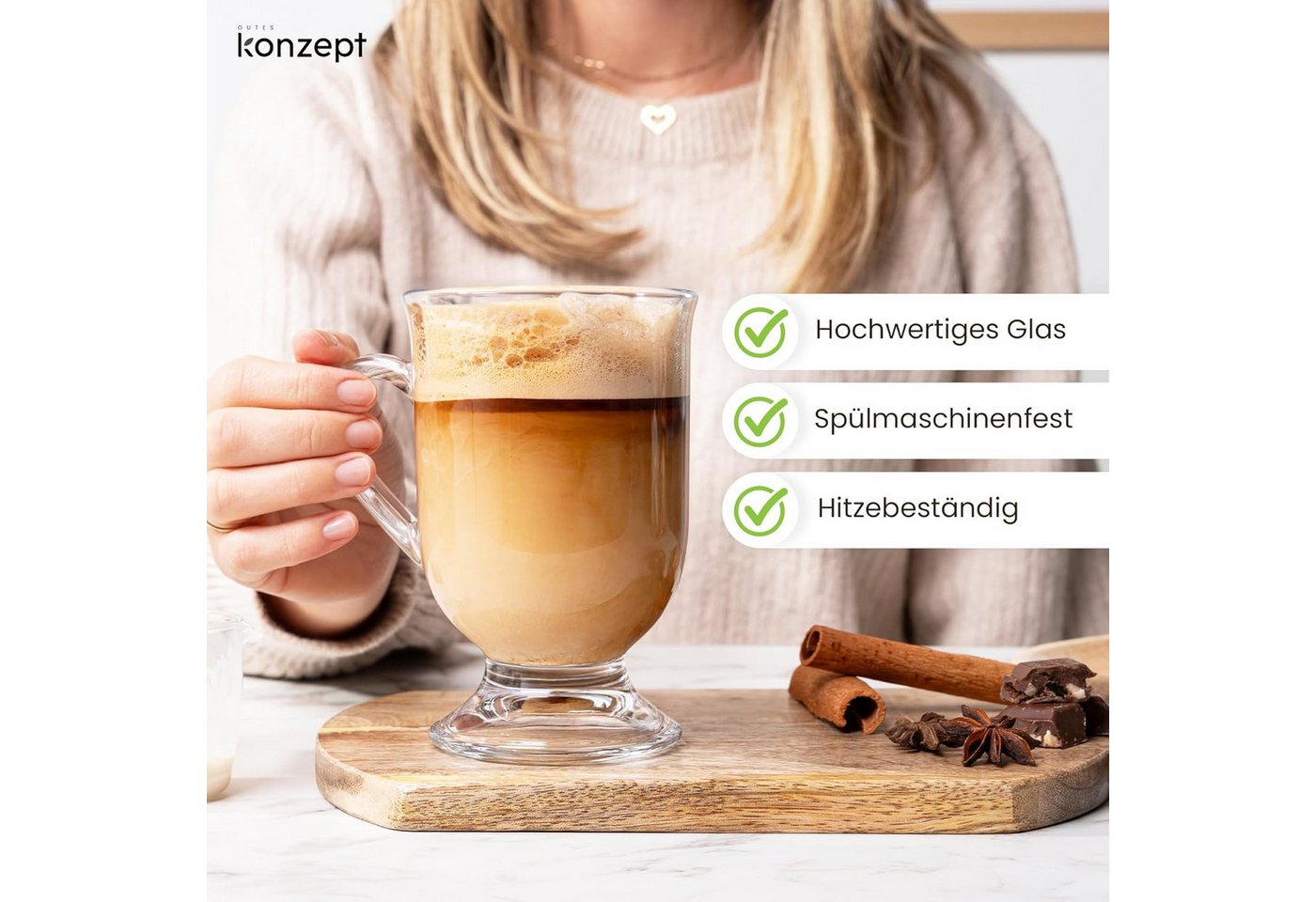 KONZEPT Gläser-Set Kaffeetassen 6-teilig – 420 ml, ideal für Kaffee, 6-tlg., aus Glas mit Henkel, hitzebeständig & spülmaschinengeeignet – Bild 4 von 5
