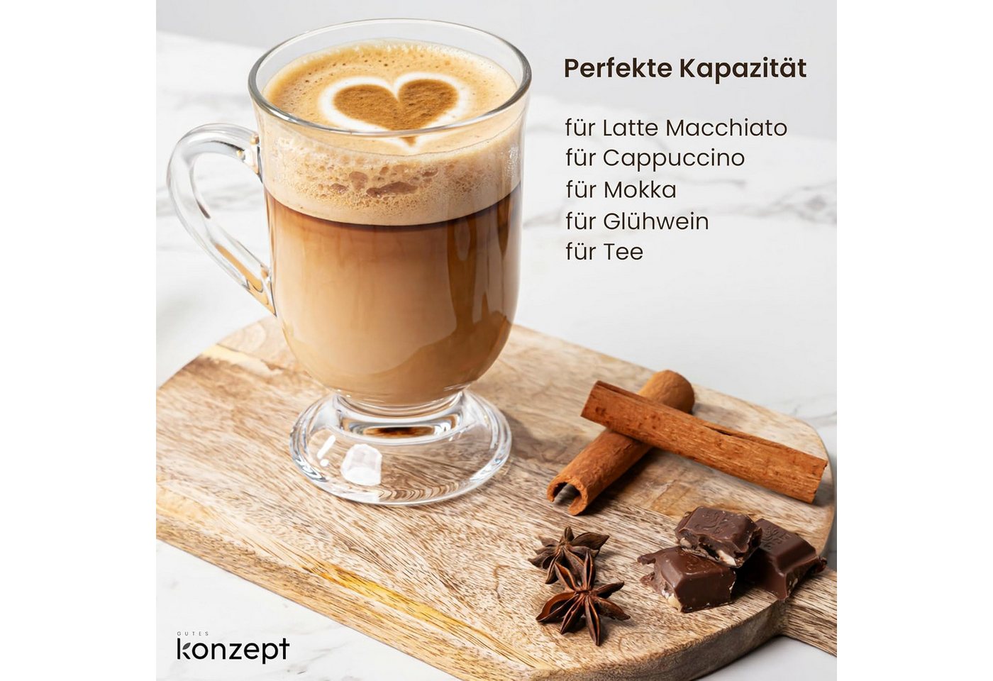 KONZEPT Gläser-Set Kaffeetassen 6-teilig – 420 ml, ideal für Kaffee, 6-tlg., aus Glas mit Henkel, hitzebeständig & spülmaschinengeeignet – Bild 5 von 5