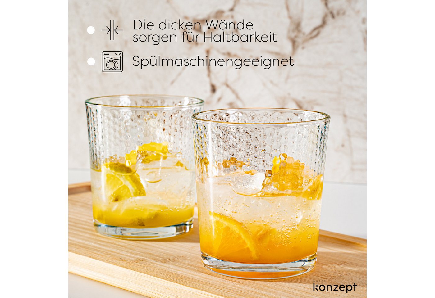 KONZEPT Gläser-Set Transparente Trinkgläser Set 365 ml 6 Stk. Stapelbar, 6-tlg., 6-teilig, Strukturierte Gläser Ideal für Wasser, Saft, Milch – Bild 2 von 5