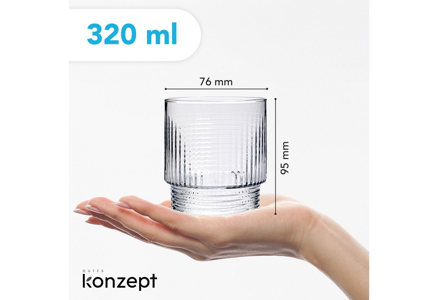 KONZEPT Gläser-Set Trinkgläser Set 320 ml Geriffelte, 6-tlg., 6 Stück, ideal für Cocktails Wasser, Softdrinks – Bild 2 von 5