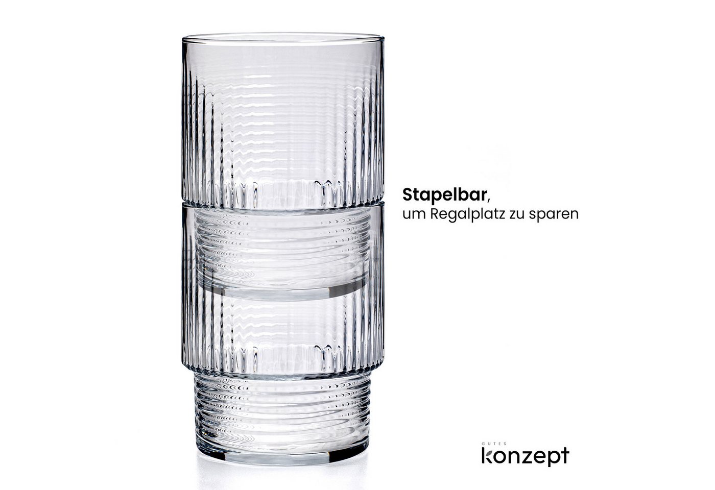KONZEPT Gläser-Set Trinkgläser Set 320 ml Geriffelte, 6-tlg., 6 Stück, ideal für Cocktails Wasser, Softdrinks – Bild 5 von 5
