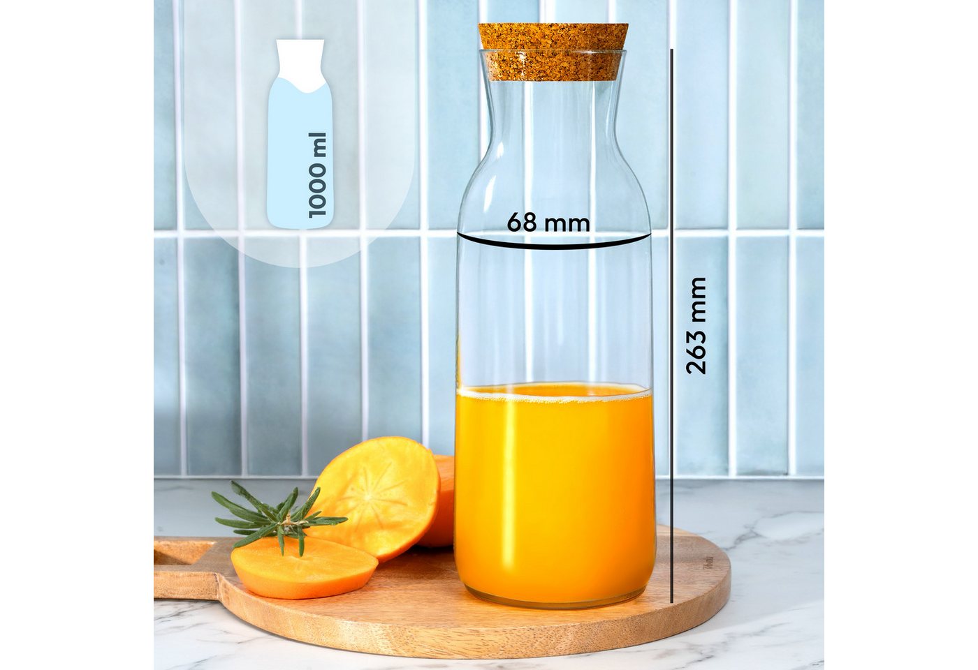 KONZEPT Karaffe Wasserkaraffe mit Deckel, Karaffe aus Glas 1 liter, (3-tlg), ideal für Wasser, Saft, Limonade und Milch – Bild 2 von 5
