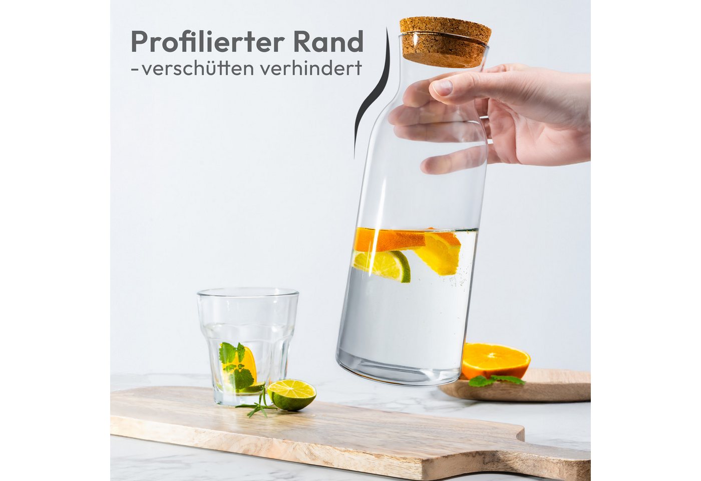 KONZEPT Karaffe Wasserkaraffe mit Deckel, Karaffe aus Glas 1 liter, (3-tlg), ideal für Wasser, Saft, Limonade und Milch – Bild 3 von 5