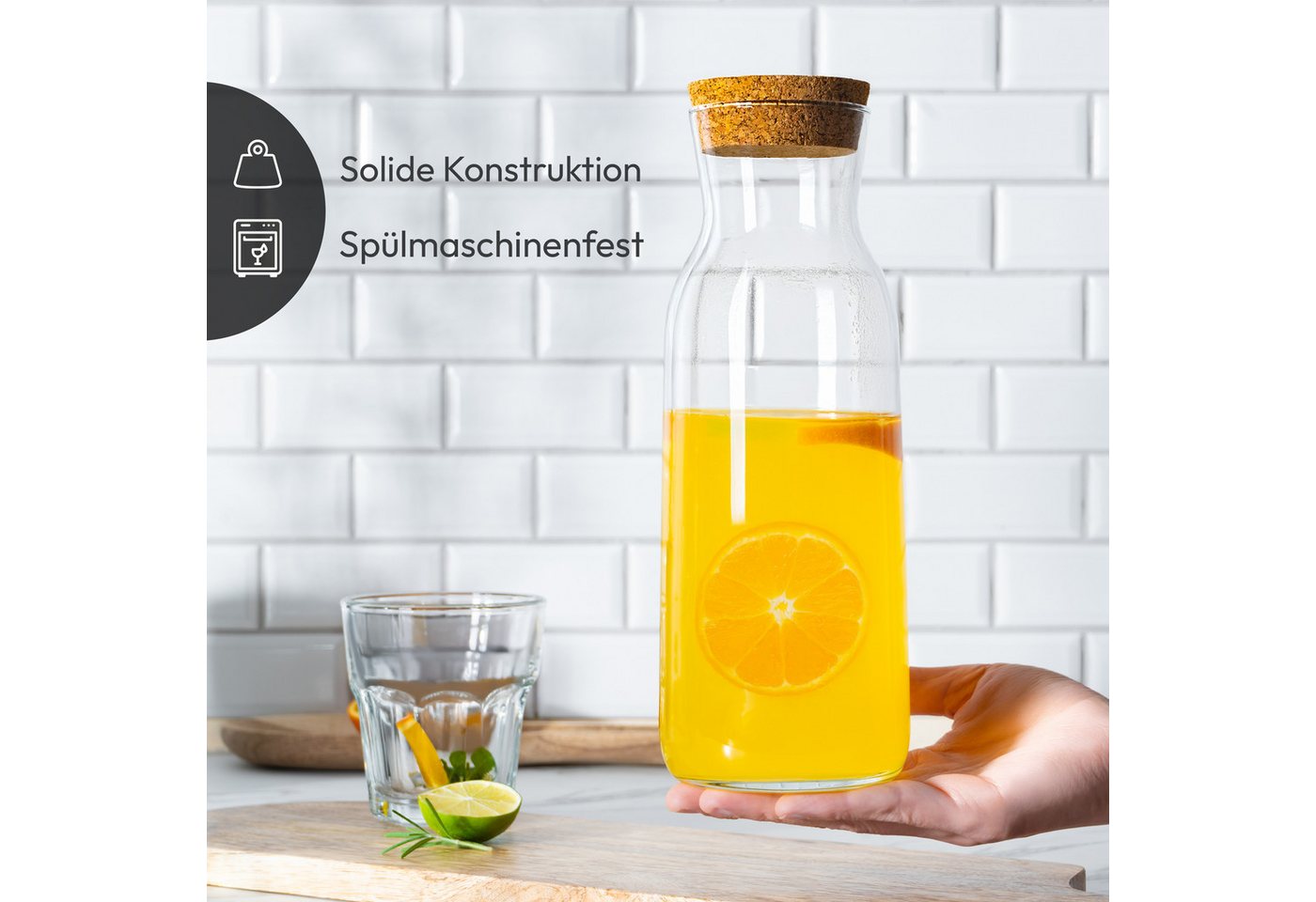 KONZEPT Karaffe Wasserkaraffe mit Deckel, Karaffe aus Glas 1 liter, (3-tlg), ideal für Wasser, Saft, Limonade und Milch – Bild 5 von 5