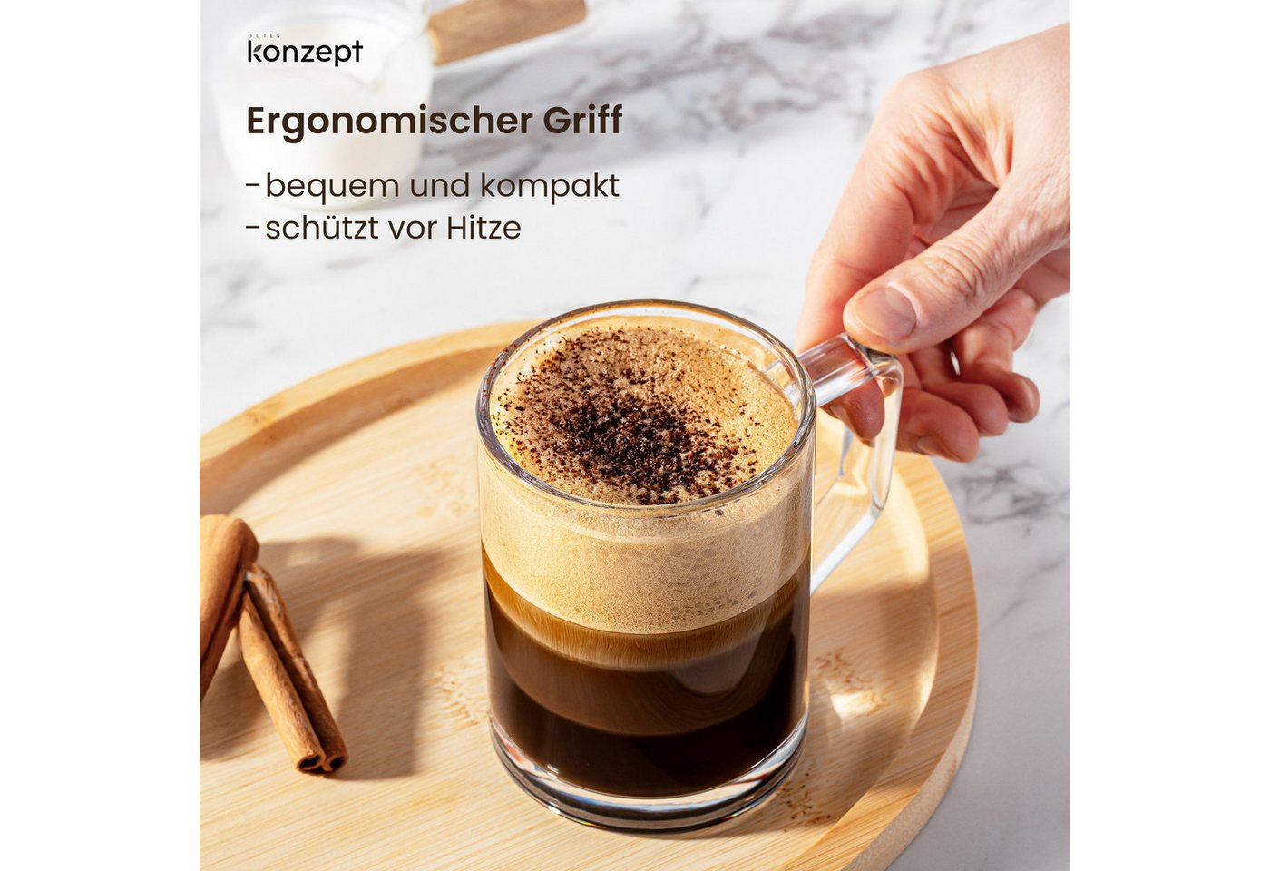 KONZEPT Tasse für Kaffee, Set 270 ml aus transparentem Glas, 12-tlg., Breiter Mund, Ergonomischer Griff, Hitzebeständig – Bild 2 von 5