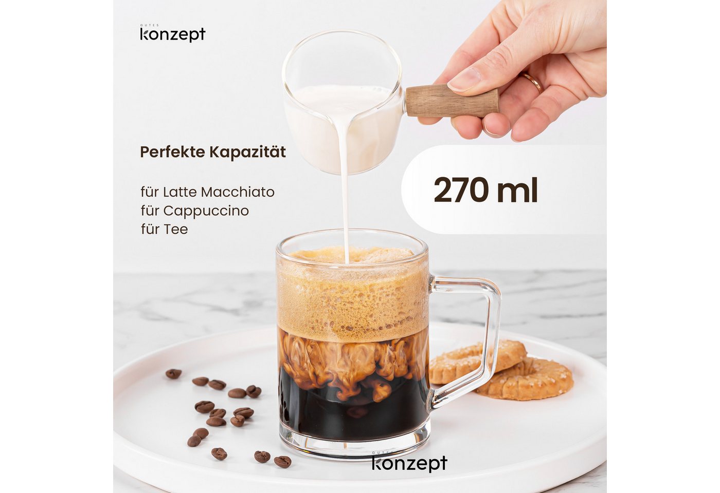 KONZEPT Tasse für Kaffee, Set 270 ml aus transparentem Glas, 12-tlg., Breiter Mund, Ergonomischer Griff, Hitzebeständig – Bild 4 von 5