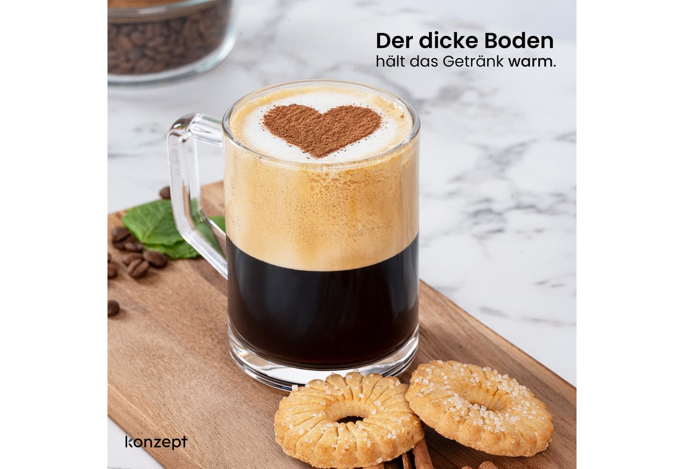 KONZEPT Tasse für Kaffee, Set 270 ml aus transparentem Glas, 12-tlg., Breiter Mund, Ergonomischer Griff, Hitzebeständig – Bild 5 von 5