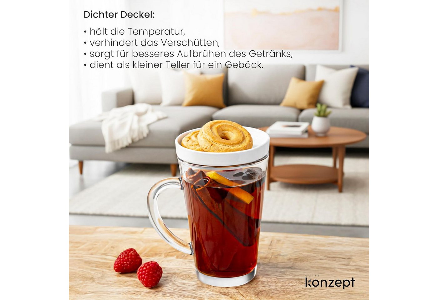 KONZEPT Teeglas Mit Deckel – 300 Ml Mit Henkel, 1-tlg., aus Glas Mit Deckel, hitzebeständig & spülmaschinengeeignet – Bild 3 von 5