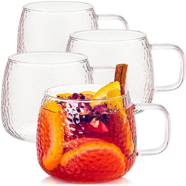 KONZEPT Teeglas mit Henkel 2/4-er Set, Teetasse 420 ml, Tassen Set aus Borosilikatglas, 4-tlg., ideal für Kaffee, Tee, Eiskaffee, Matcha, Kakao und heiße Schoko
