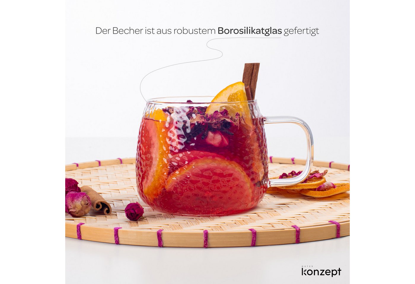KONZEPT Teeglas mit Henkel 2/4-er Set, Teetasse 420 ml, Tassen Set aus Borosilikatglas, 4-tlg., ideal für Kaffee, Tee, Eiskaffee, Matcha, Kakao und heiße Schoko – Bild 3 von 5