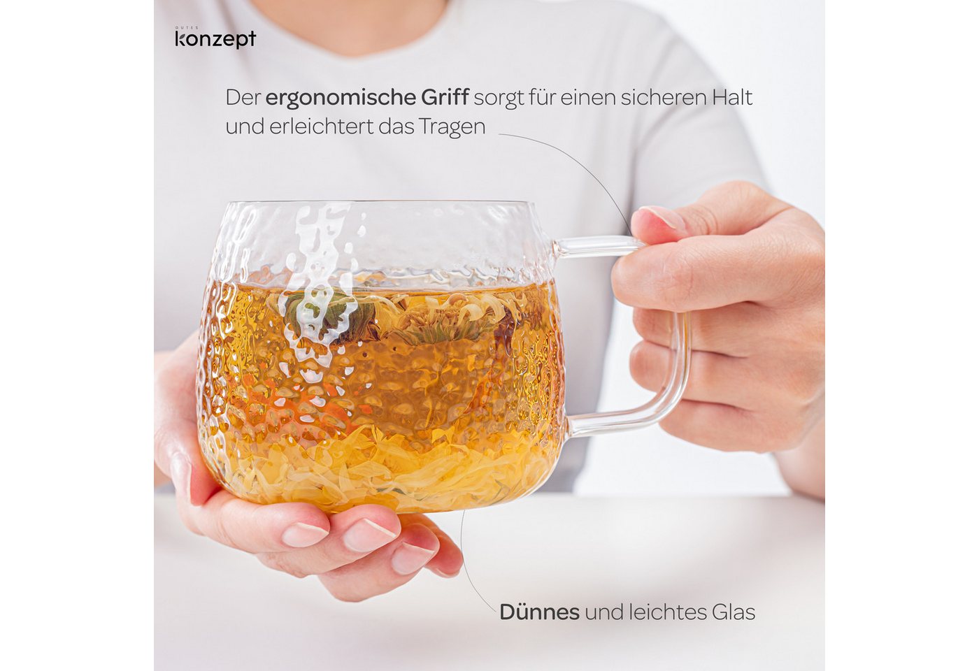 KONZEPT Teeglas mit Henkel 2/4-er Set, Teetasse 420 ml, Tassen Set aus Borosilikatglas, 4-tlg., ideal für Kaffee, Tee, Eiskaffee, Matcha, Kakao und heiße Schoko – Bild 4 von 5