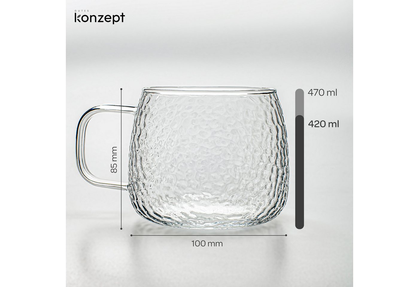 KONZEPT Teeglas mit Henkel 2/4-er Set, Teetasse 420 ml, Tassen Set aus Borosilikatglas, 2-tlg., ideal für Kaffee, Tee, Eiskaffee, Matcha, Kakao und heiße Schoko – Bild 2 von 5