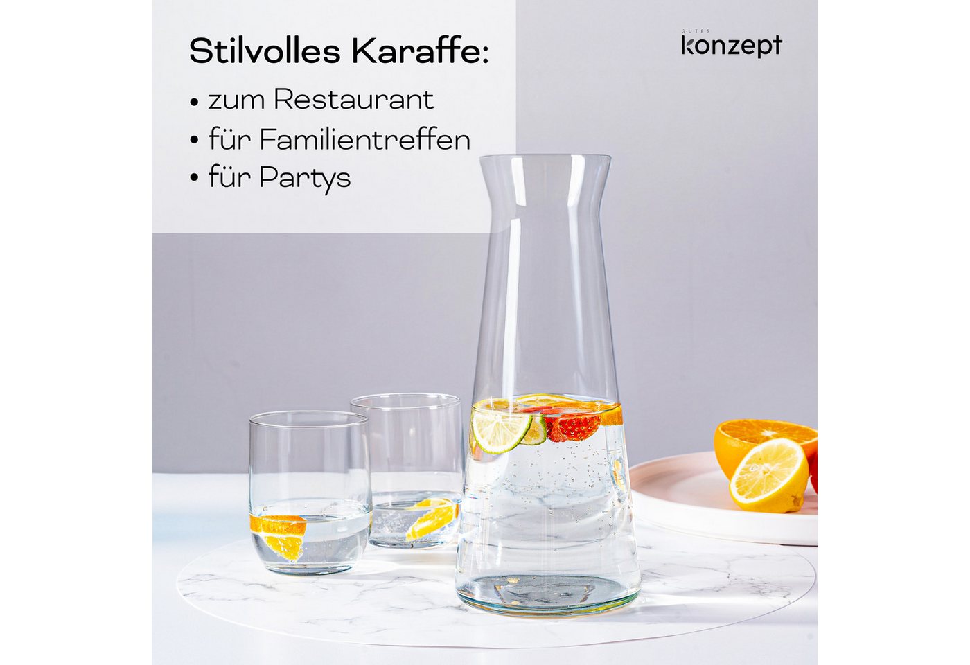 KONZEPT Wasserkaraffe aus robustem Glas – 1 Liter, BPA-frei, stilvoll und stabil, (2-tlg), Für Wasser & Wein – auch als elegante Blumenvase nutzbar – Bild 2 von 5