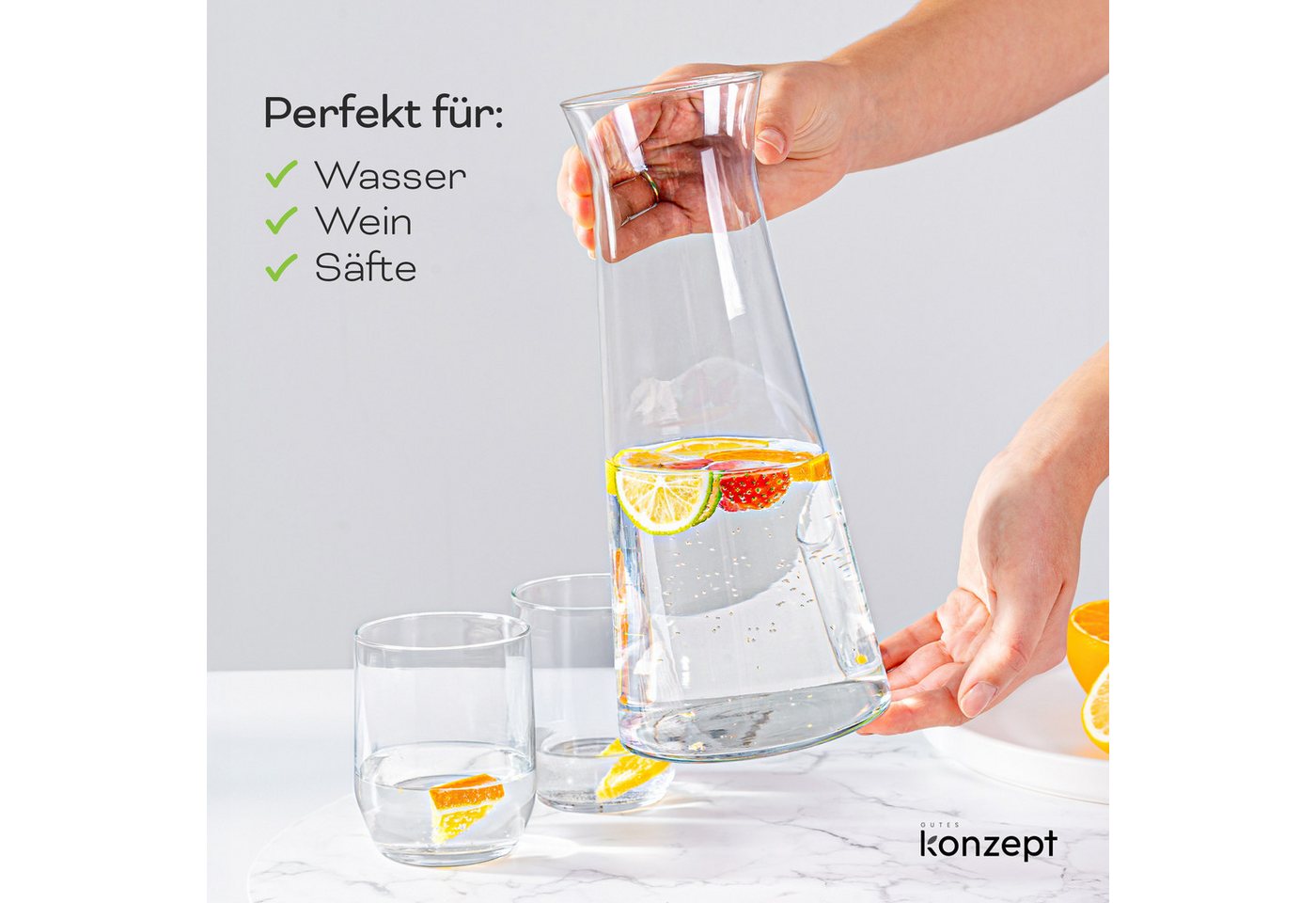 KONZEPT Wasserkaraffe aus robustem Glas – 1 Liter, BPA-frei, stilvoll und stabil, (2-tlg), Für Wasser & Wein – auch als elegante Blumenvase nutzbar – Bild 4 von 5