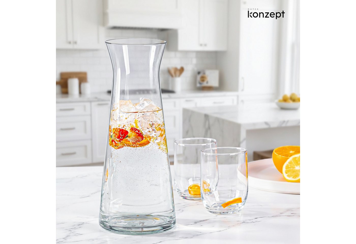KONZEPT Wasserkaraffe aus robustem Glas – 1 Liter, BPA-frei, stilvoll und stabil, (2-tlg), Für Wasser & Wein – auch als elegante Blumenvase nutzbar – Bild 5 von 5