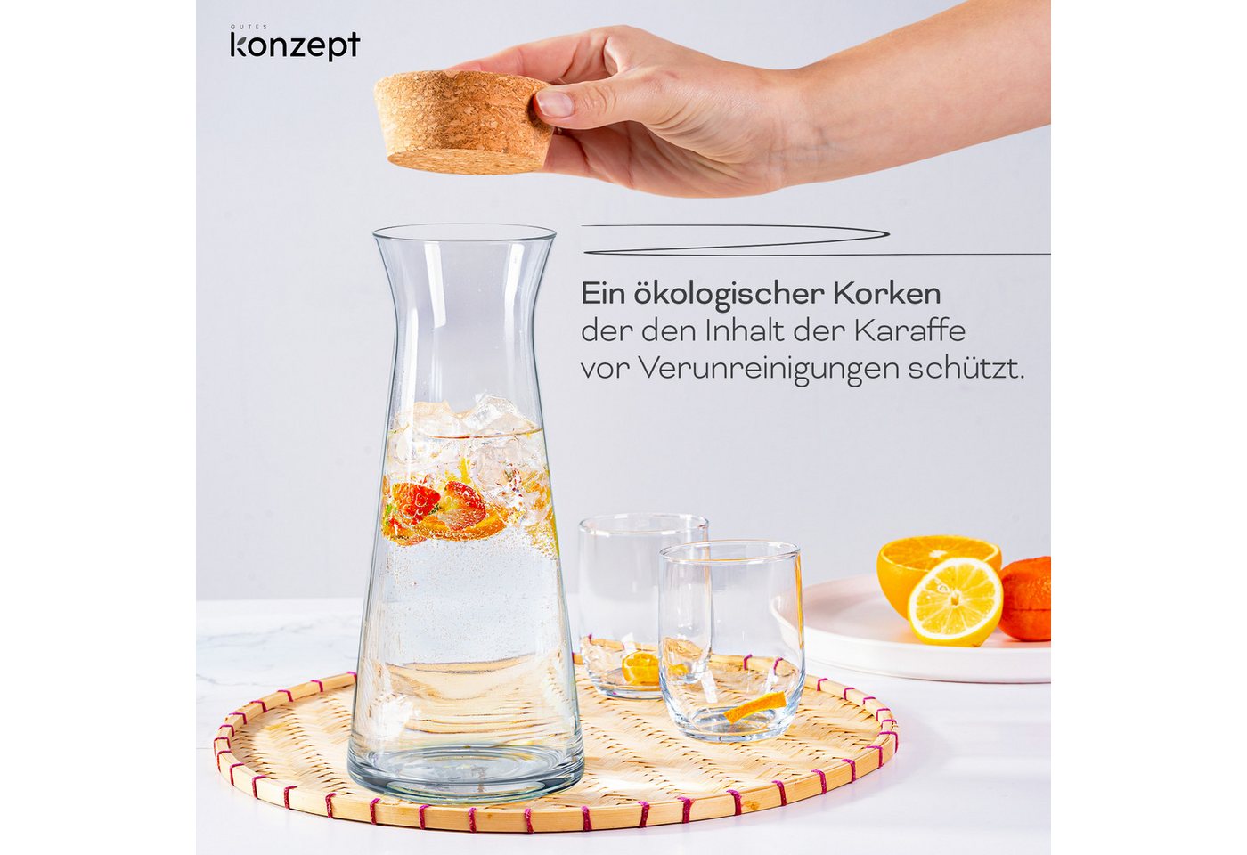 KONZEPT Wasserkaraffe mit Deckel – 1 Liter, robustes Glas, BPA-frei, stilvoll und stabil, (1-tlg), Für Wasser & Wein – auch als elegante Blumenvase nutzbar – Bild 5 von 5