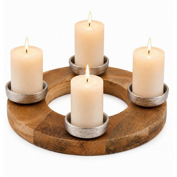 Koopman Adventskranz Kerzenhalter Ø 27 cm Mangoholz Aluminium Klein, für 4 Kerzen, Dekorativ, 27x4cm, Natur, Stabil