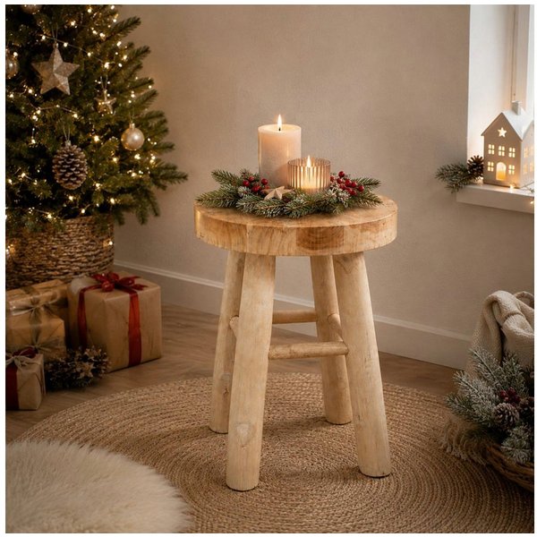 Koopman Blumenhocker SitzhockerTeakholz 42 cm Massiv Ø 30 cm Handmade Unperfekt (Stück, 1 St., Packung), Stabil, bis 70 Kg belastbar, fertig montiert, Schemel