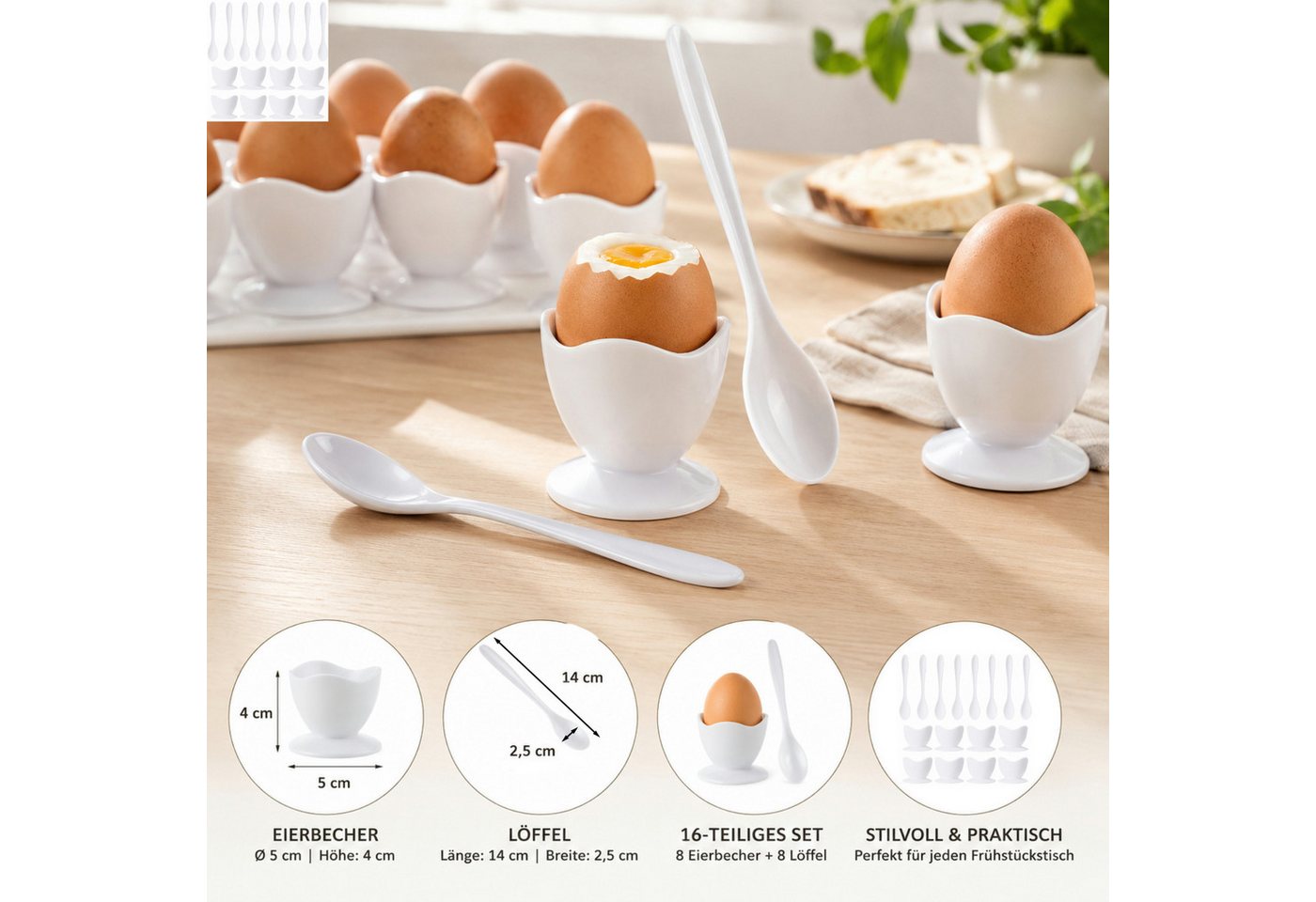 Koopman Eierbecher Kunststoff Weiß 16 tlg. Set, (Set, 16-tlg., Packung), Set, 8 Becher, Ø 5cm, 8 Löffel, Kunststoff – Bild 2 von 5