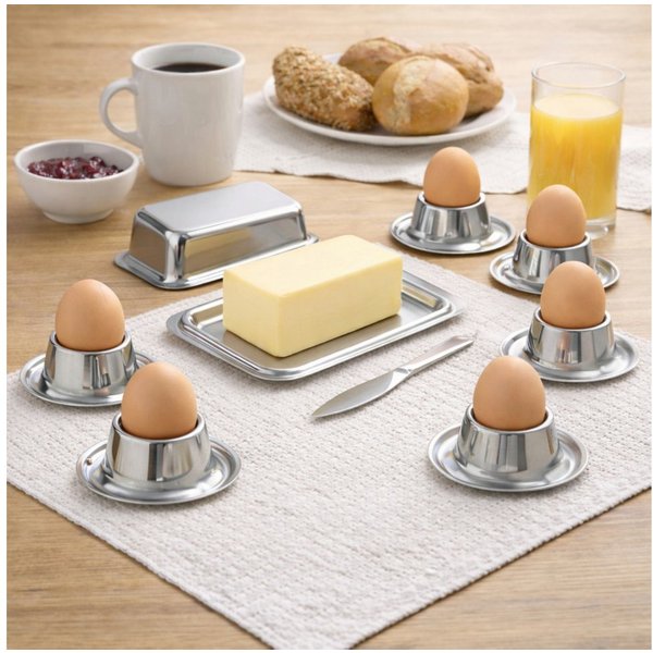 Koopman Frühstücks-Set Butterdose Eierbecher Butterbehälter Eier Butter Set Edelstahl 7tlg (7-tlg), 7-teilig, Dose mit Deckel, Edelstahl, stapelbar, Ø 8cm