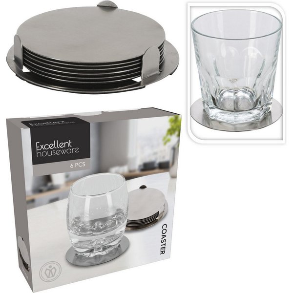 Koopman Getränkeuntersetzer Ø 8,5 cm Edelstahl 6/12 Tlg. Set, Set, 6-tlg., 6tlg, Edelstahl, Ø 8,5 cm, mit Halter, Unterseite gummiert