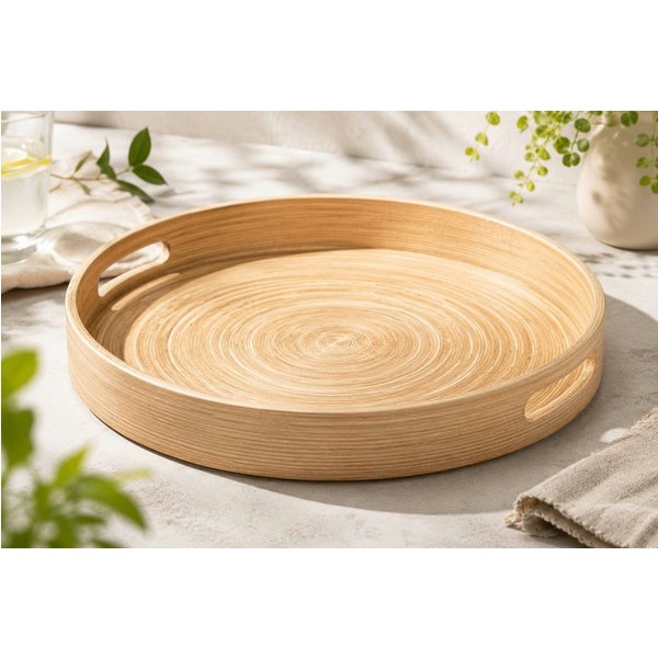 Koopman Tablett Serviertablett Dekotablett Tragetablett 34x4cm Holz, Holz, (Stück, 1-tlg., Packung), hoher Rand, Rund, Tragegriffe, Naturmaterial