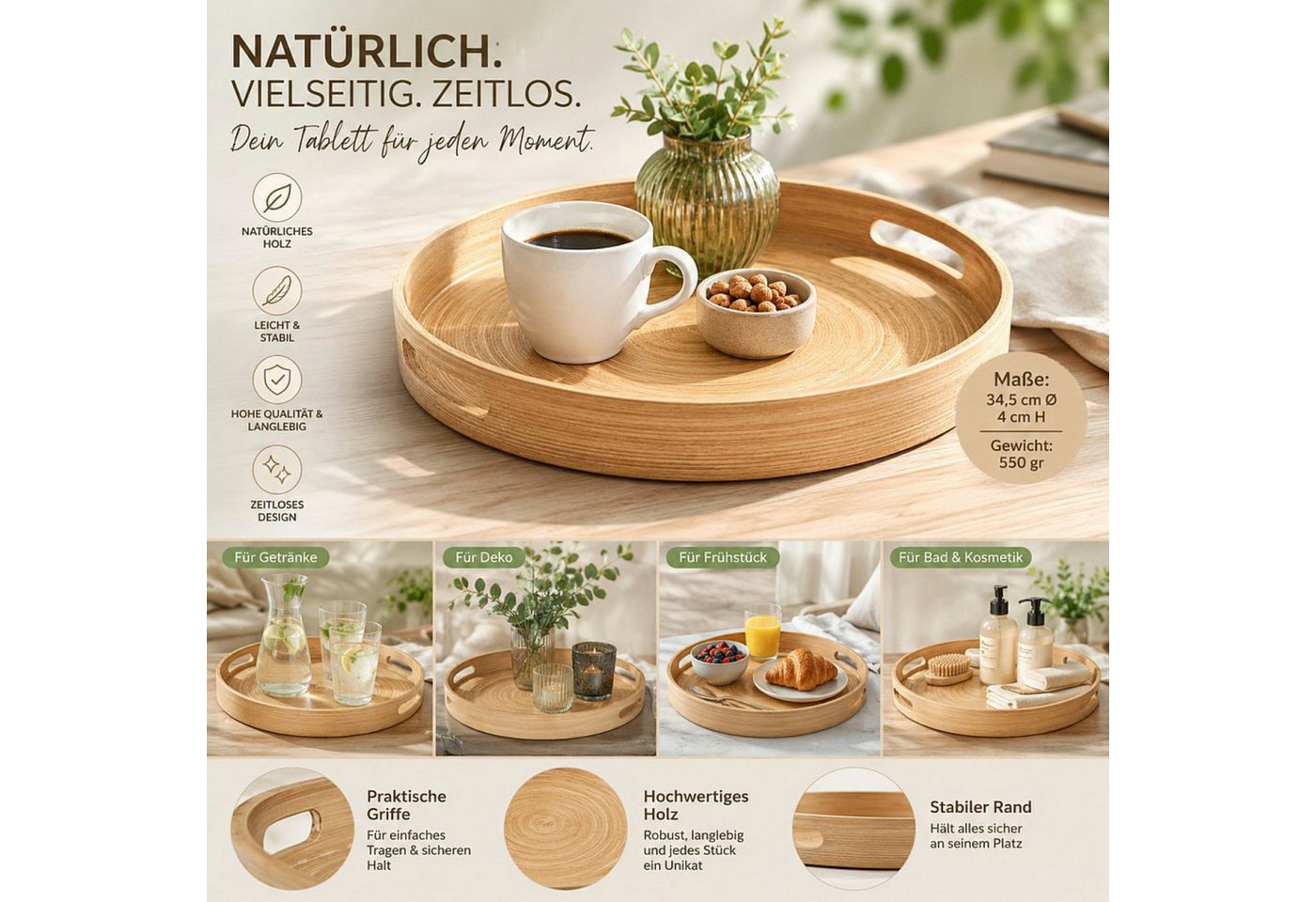 Koopman Tablett Serviertablett Dekotablett Tragetablett 34x4cm Holz, Holz, (Stück, 1-tlg., Packung), hoher Rand, Rund, Tragegriffe, Naturmaterial – Bild 2 von 3