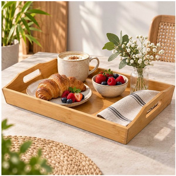 Koopman Tablett Serviertablett Tablett Bambus 43cm, Bambus, (Stück, 1-tlg., Packung), 43x29x5cm, Naturprodukt, Tragegriffe, Frühstück