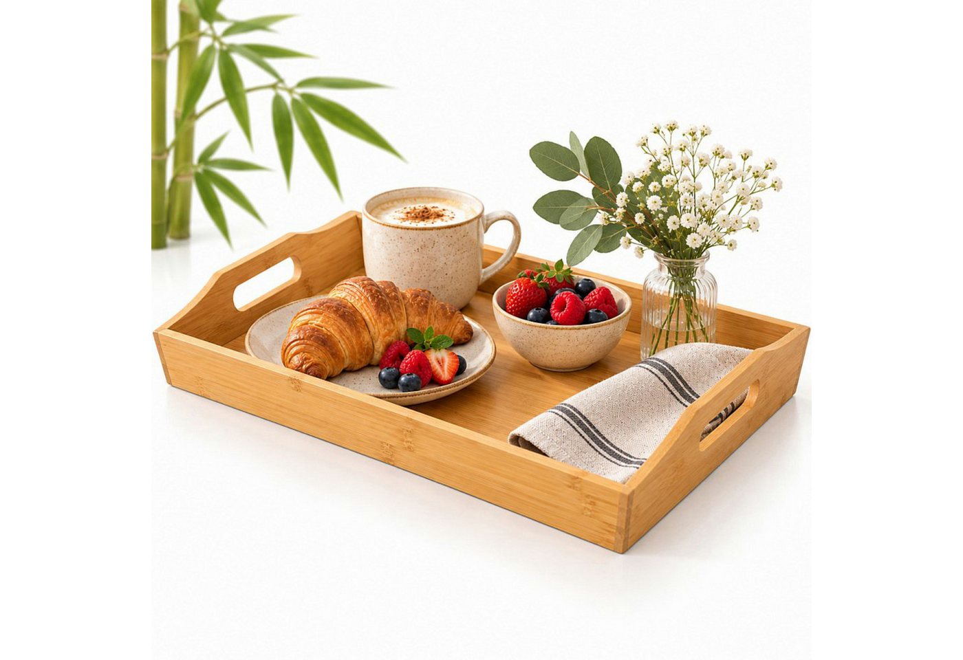 Koopman Tablett Serviertablett Tablett Bambus 43cm, Bambus, (Stück, 1-tlg., Packung), 43x29x5cm, Naturprodukt, Tragegriffe, Frühstück – Bild 2 von 5