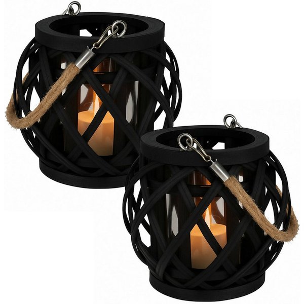 Koopman Windlicht Laterne Ø 14,5 cm × H 14 cm Schwarz 2 er Set (Set, 2 St., Packung), 2 Stk, Glaseinsatz Ø 8cm, Bambus, Schwarz, Boho-Style