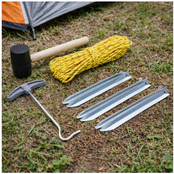 Koopman Zelthering Abspannset Zelthering Abspannseil Gummihammer 9tlg, (Set, 9-St., Packung), Campingset, Hering, 20m Seil, Spann / Zughaken