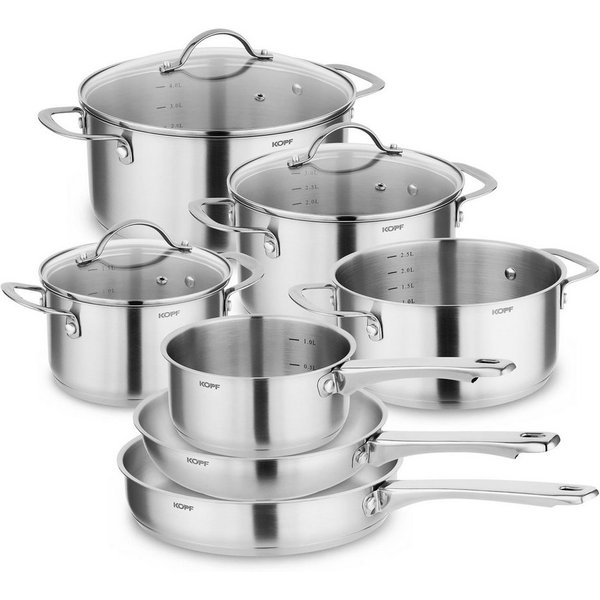 Kopf Topf-Set Clara, Edelstahl (Set, 10-tlg., 4 Kochtöpfe, Bratpfanne, Schmorpfanne, Stielkasserolle, 3 Glasdeckel), Kochtopfset, Töpfe Induktion, Spülmaschinen