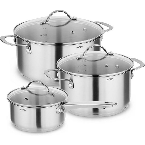 Kopf Topf-Set Clara, Edelstahl (Set, 6-tlg., 2 Kochtöpfe, Stielkasserolle, 3 Glasdeckel), Kochtopfset, Töpfe Induktion, Spülmaschinengeeignet, Backofenfest