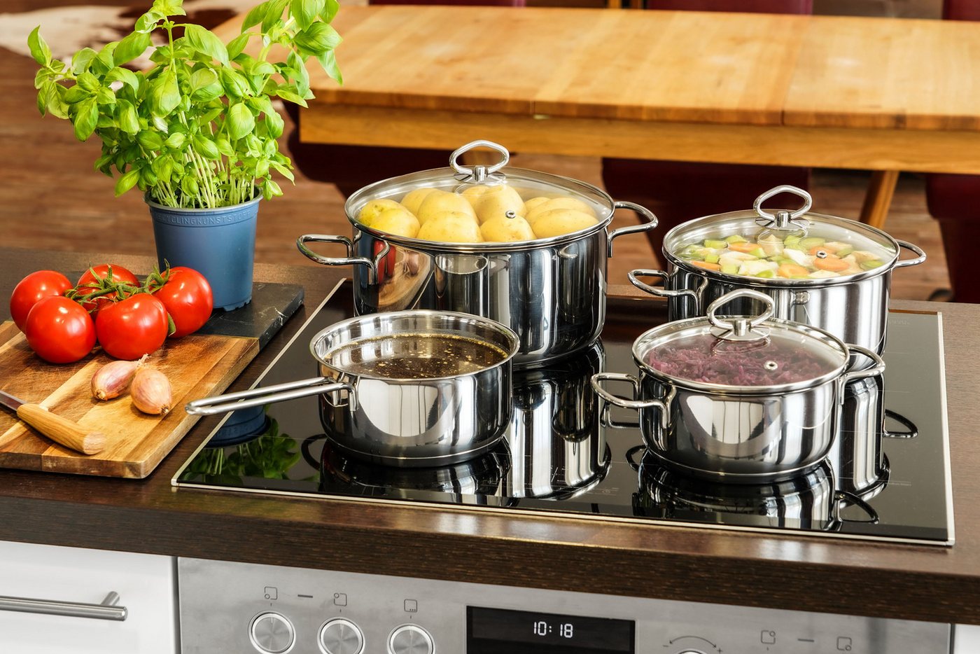 Kopf Topf-Set Merkur 4-teilig, Edelstahl (4-tlg), Induktionstöpfe mit Schüttrand, Literskala und Glasdeckel – Bild 2 von 5