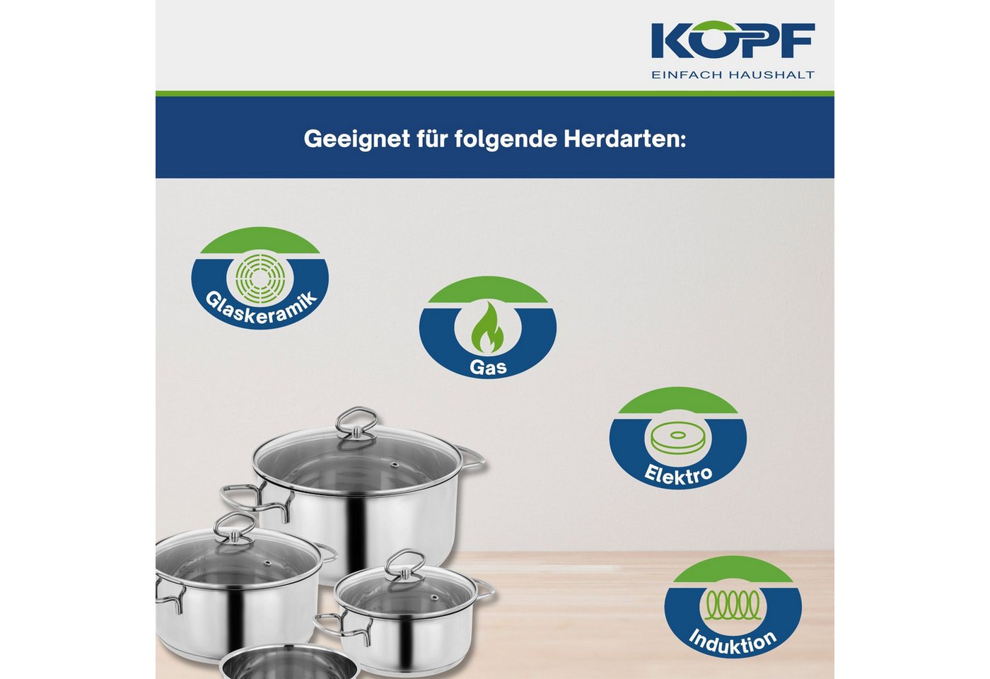 Kopf Topf-Set Merkur 4-teilig, Edelstahl (4-tlg), Induktionstöpfe mit Schüttrand, Literskala und Glasdeckel – Bild 3 von 5