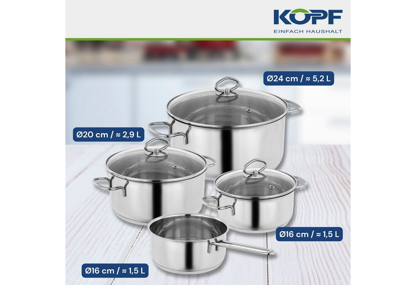 Kopf Topf-Set Merkur 4-teilig, Edelstahl (4-tlg), Induktionstöpfe mit Schüttrand, Literskala und Glasdeckel – Bild 4 von 5