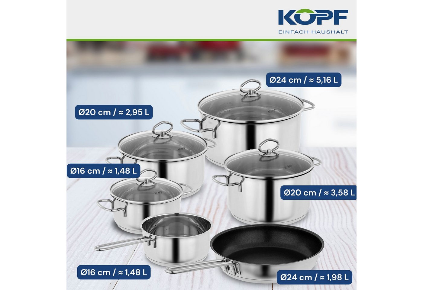 Kopf Topf-Set Merkur 6-tlg, Edelstahl (6-tlg), Kochtopfset Induktion, mit Schüttrand, Literskala und Glasdeckel – Bild 2 von 5