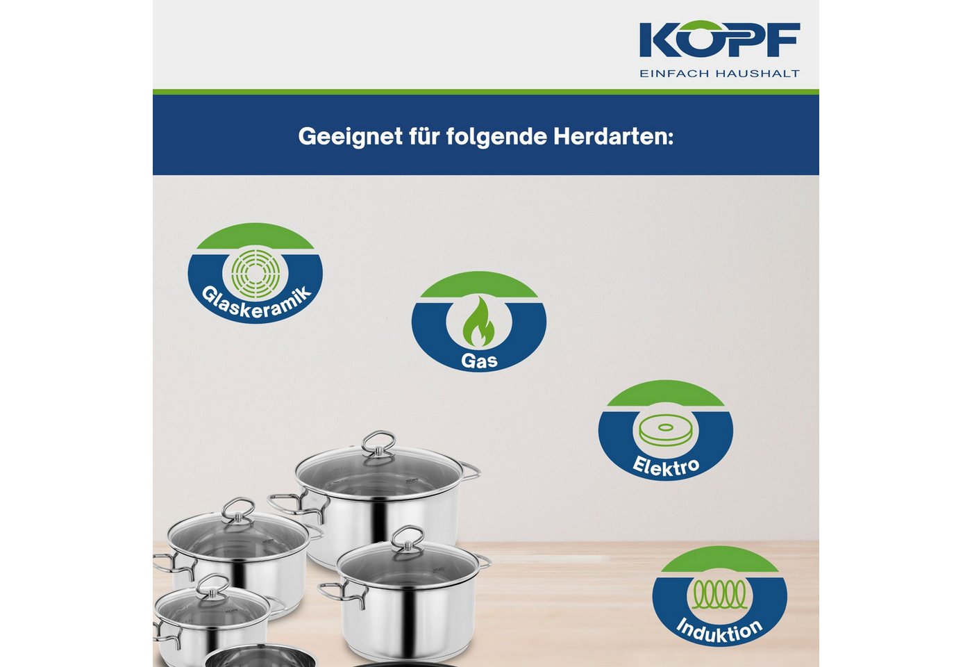 Kopf Topf-Set Merkur 6-tlg, Edelstahl (6-tlg), Kochtopfset Induktion, mit Schüttrand, Literskala und Glasdeckel – Bild 3 von 5