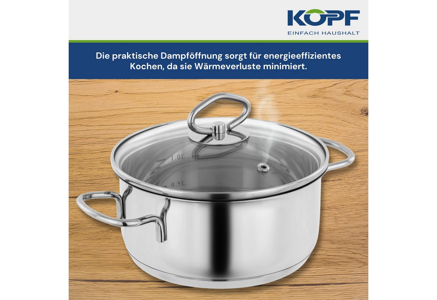 Kopf Topf-Set Merkur 6-tlg, Edelstahl (6-tlg), Kochtopfset Induktion, mit Schüttrand, Literskala und Glasdeckel – Bild 5 von 5