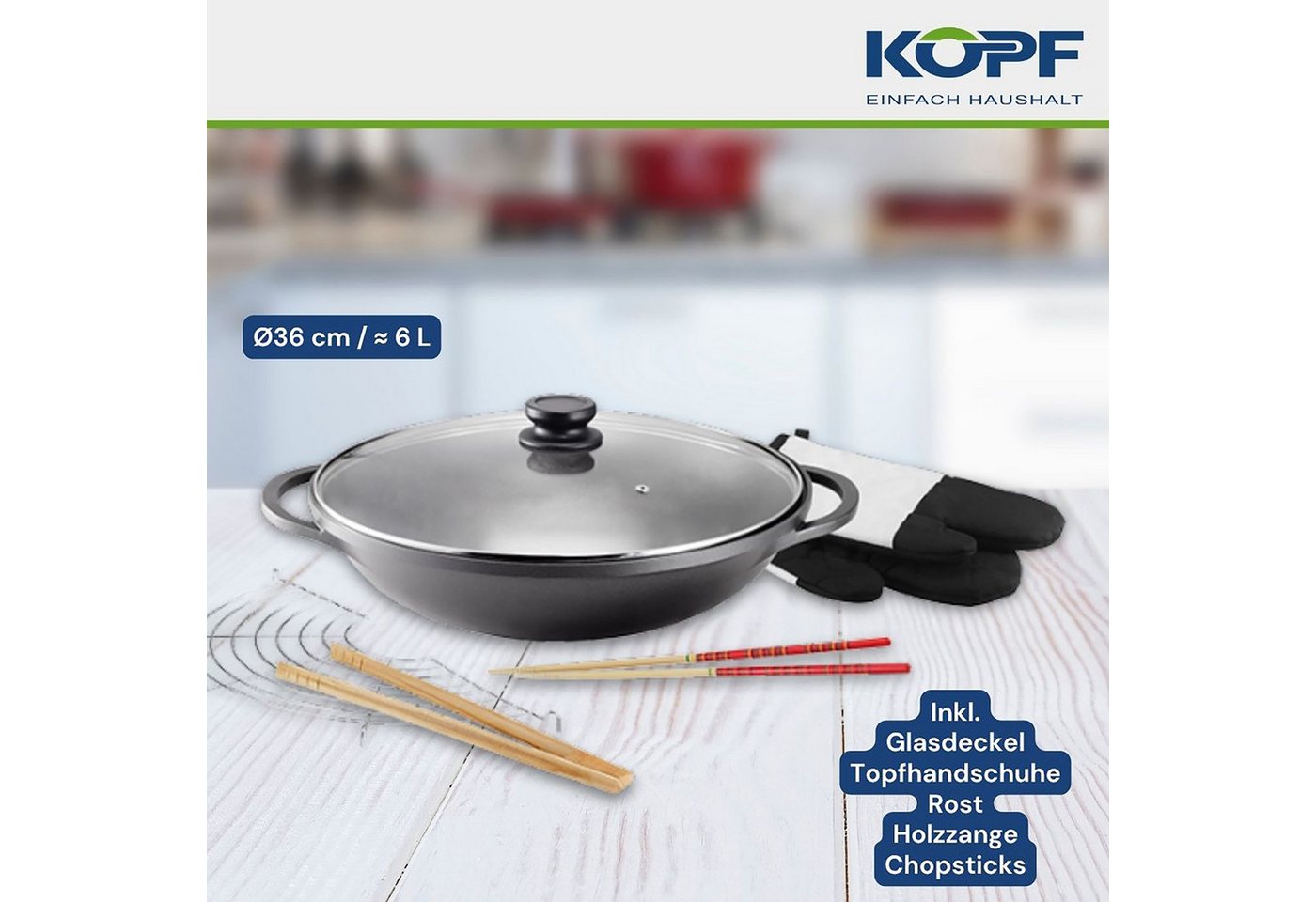 Kopf Wok Mai-Lu, Aluminiumguss, Ø 36 cm, Induktion, Antihaftbeschichtung, inkl. Glasdeckel & Zubehör – Bild 2 von 5