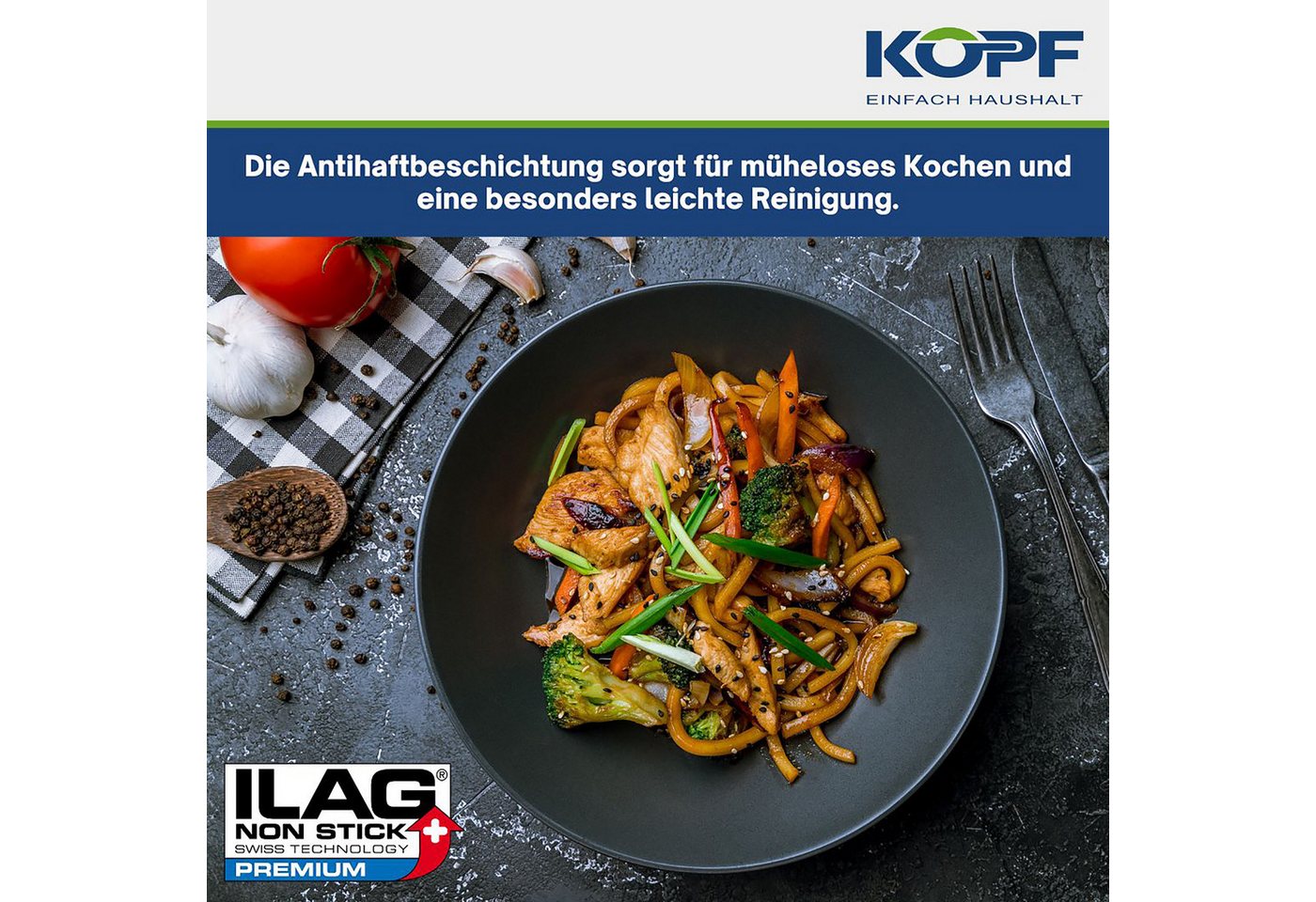 Kopf Wok Mai-Lu, Aluminiumguss, Ø 36 cm, Induktion, Antihaftbeschichtung, inkl. Glasdeckel & Zubehör – Bild 4 von 5