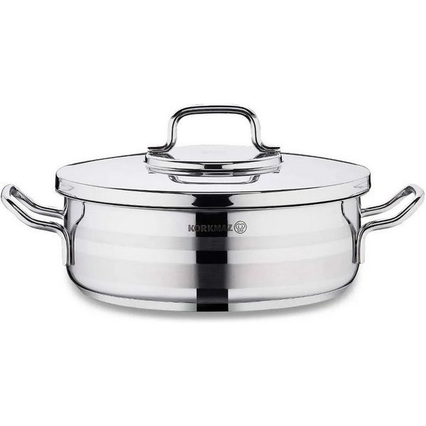 Korkmaz Kochtopf A2034 Astra2 Low Casserole, Edelstahl 18/10 (2-tlg), 24 x 8 cm, 3,5 L, Edelstahl-Kochtopf mit Deckel