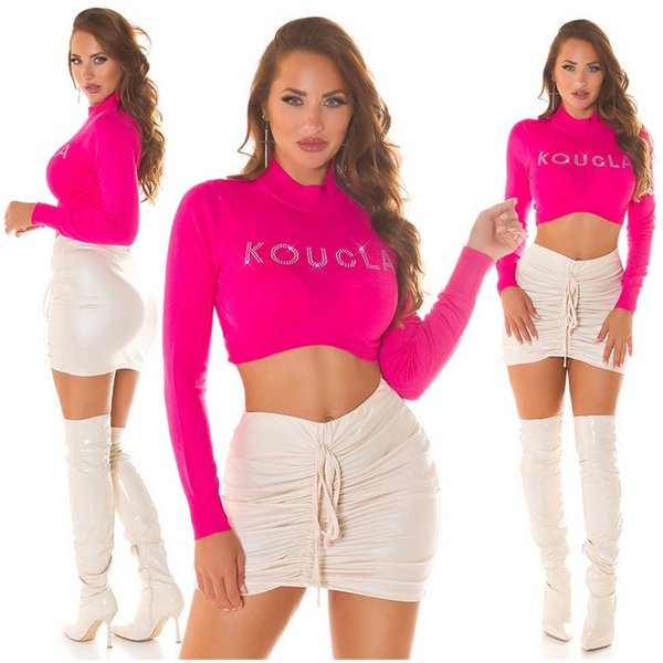 Koucla Strickpullover Crop Top Feinstrick Pullover bauchfrei Pink mit Strass Rundhalsausschnitt mit Stehkragen